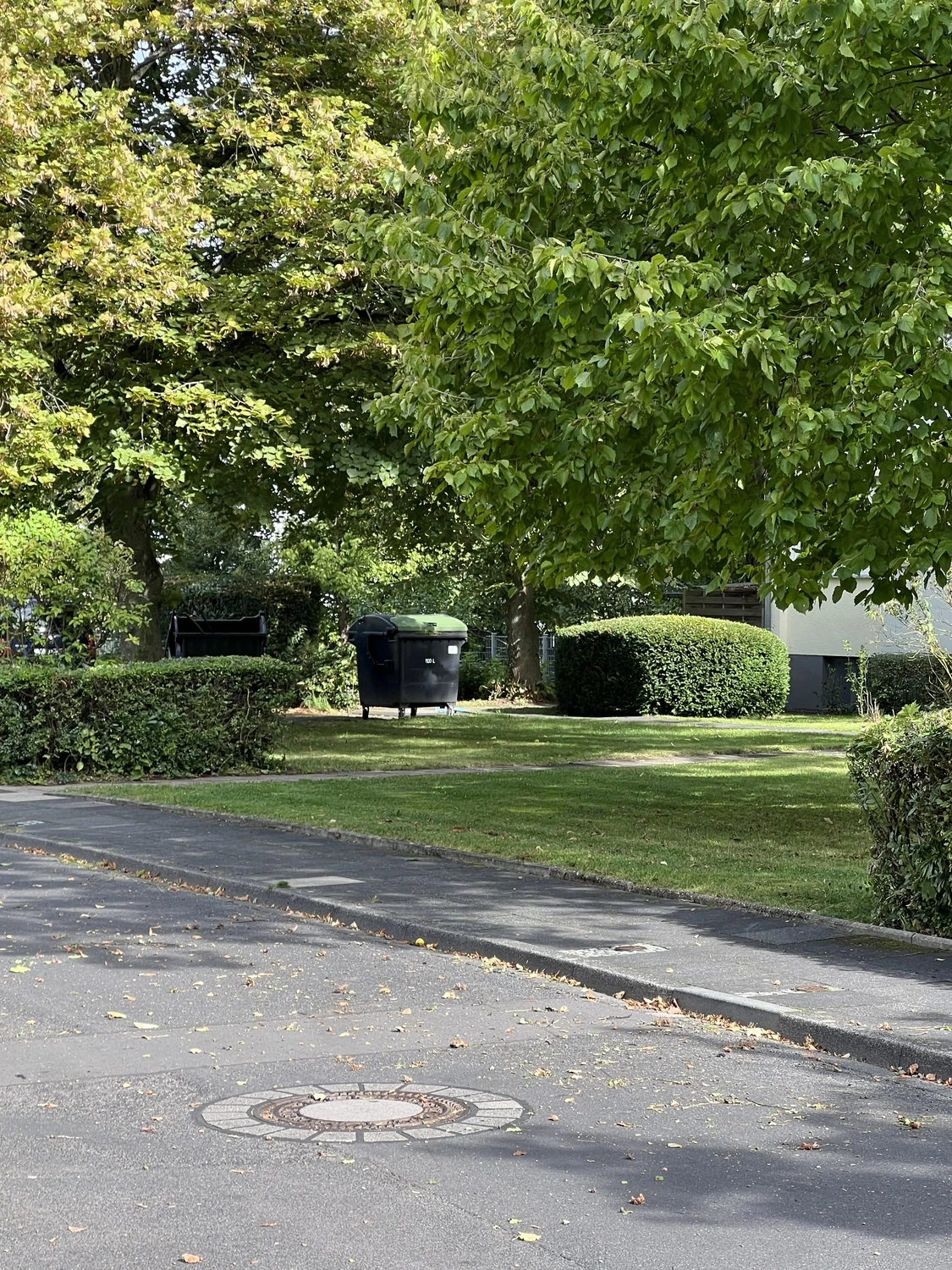 Seiffert Hausmeisterservice – Hausmeisterservice – ein Wohngebiet mit gepflastertem Gehweg, einer Rasenfläche mit Bäumen und Sträuchern und einem schwarzen Müllcontainer zur Abfallentsorgung.